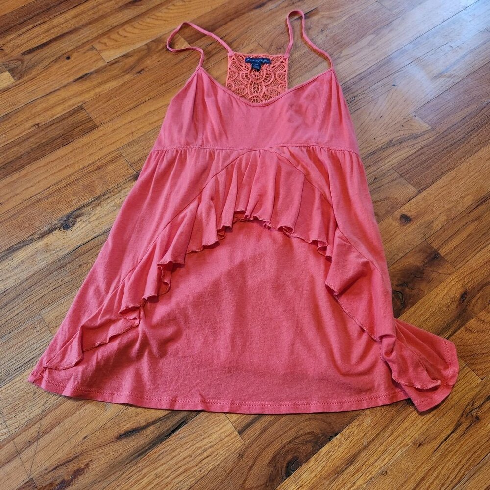 American Eagle Coral Embroidered Back Babydoll Tank Top L/G Y2K Romantic Beachwe